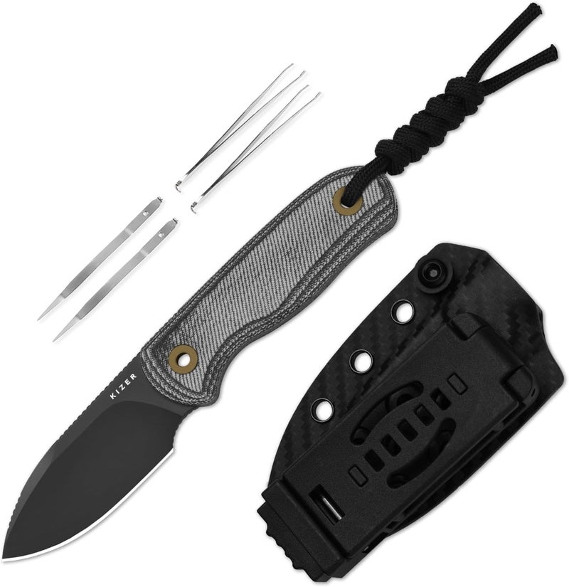 KIZER Drop Bear Fixed Blade Knife, 2.57" S45VN Matte DLC Ultra Blade EDC Camping Knife with Black Micarta Handle & Built-in Tools, Outdoor Small Hunting Survival Knives with Kydex Sheath, 1094A4 - Image 1